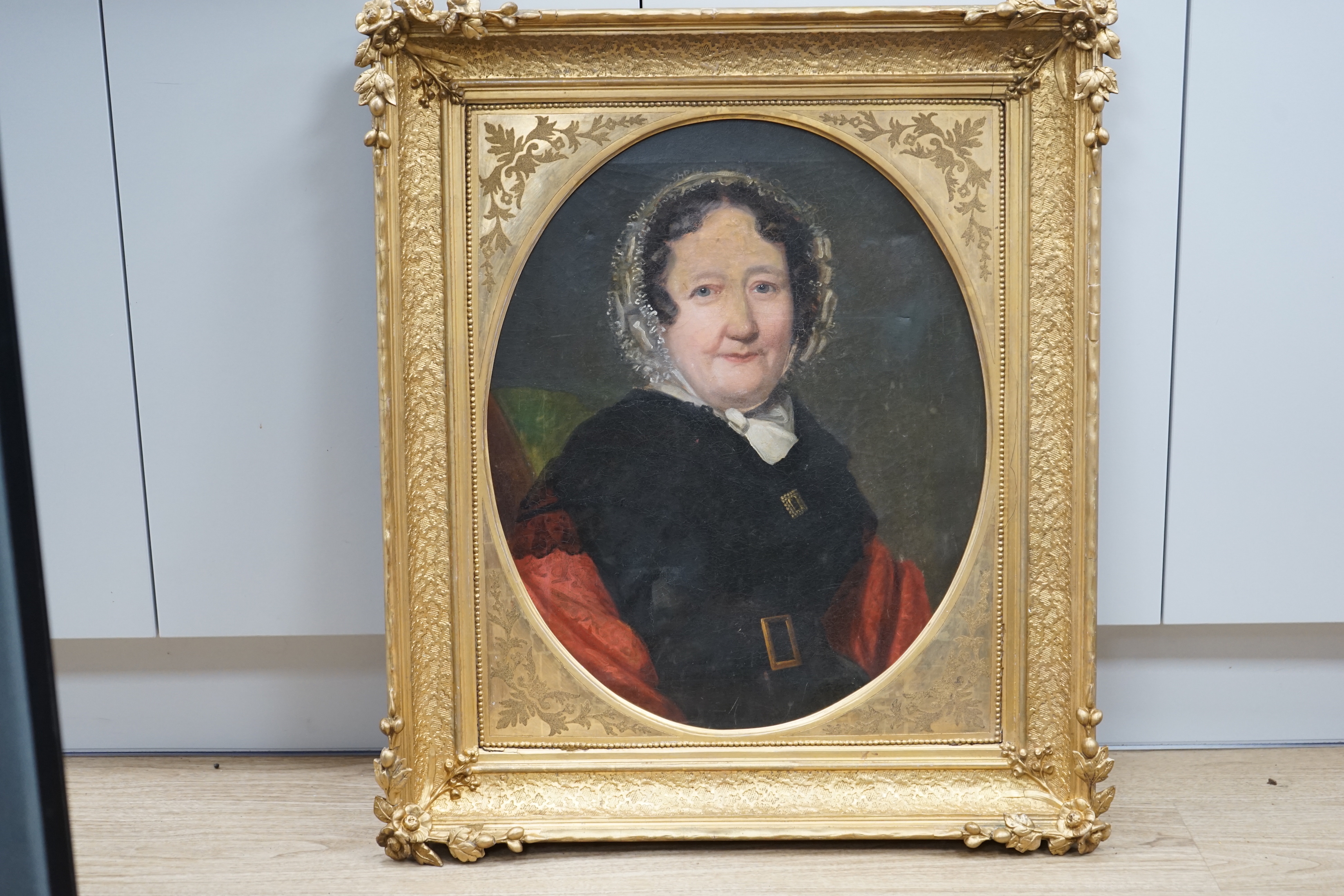 Victorian School, oval oil on canvas, Portrait of a lady wearing a bonnet, 57 x 46cm, ornate gilt framed